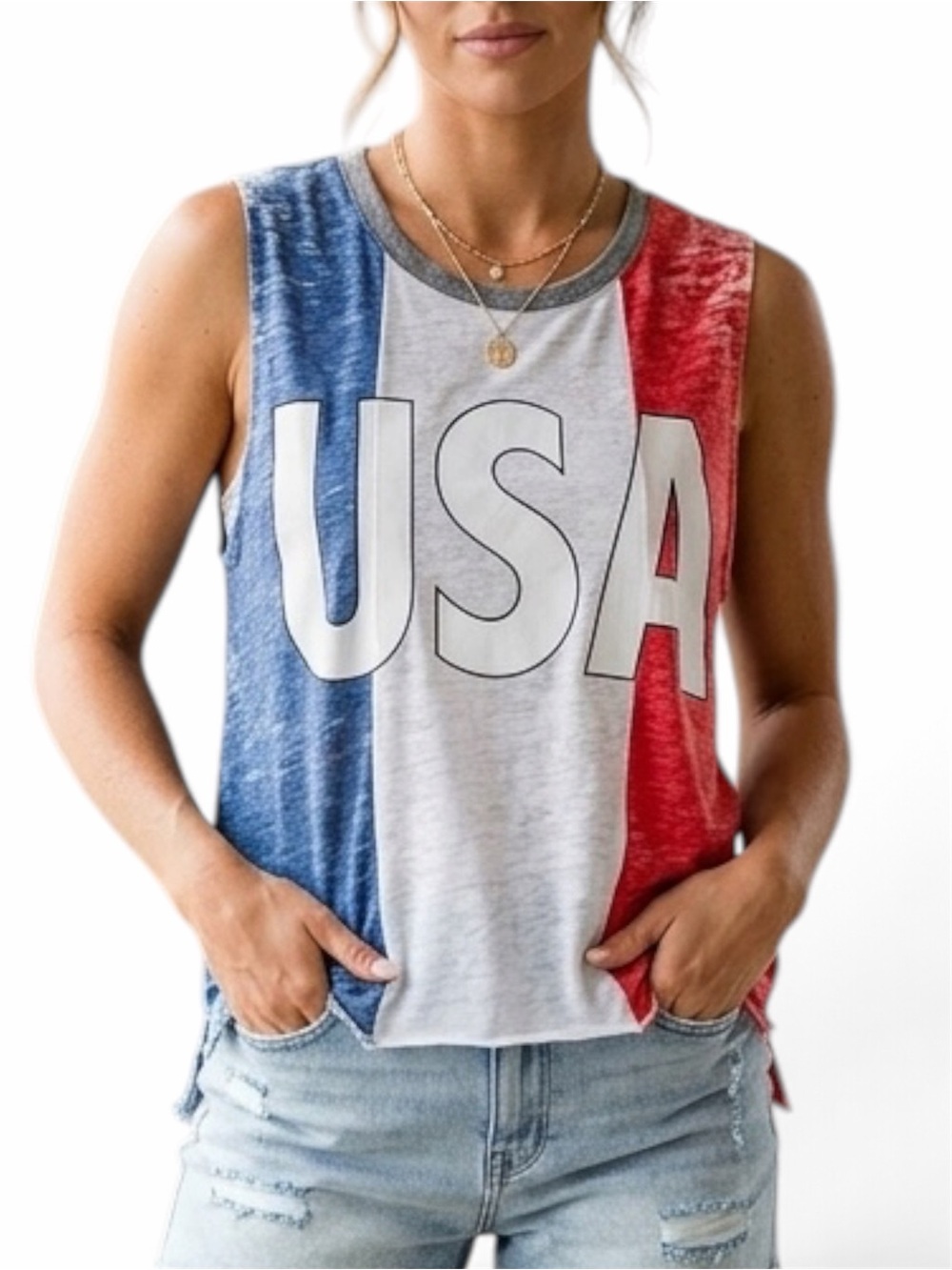 Chaser USA Graphic Sleeveless Burnout Tank Top - Red, White & Blue